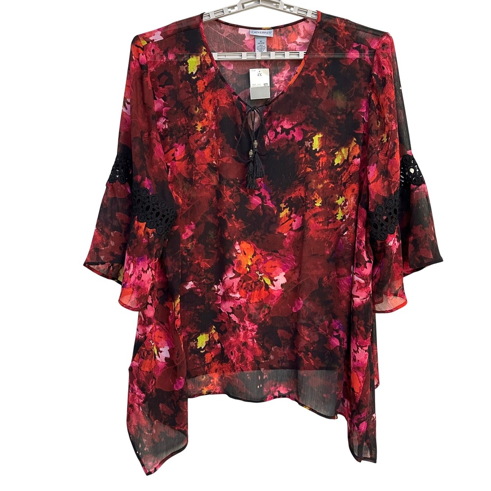 Catherines Floral Blouse Womens 4X Sheer Asymmetric Crochet Boho Romantic Flowy